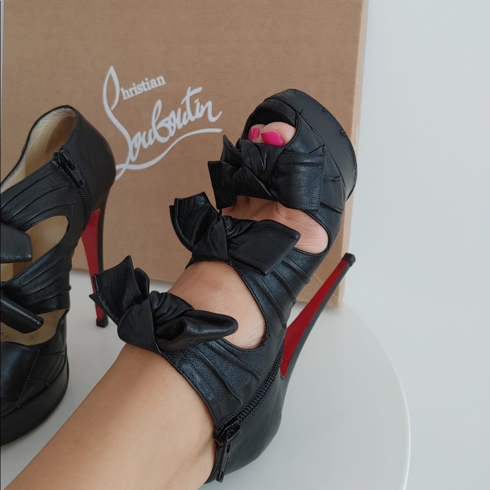 Christian Louboutin Black Leather Bow Ankle Boots - Picture 5 of 7